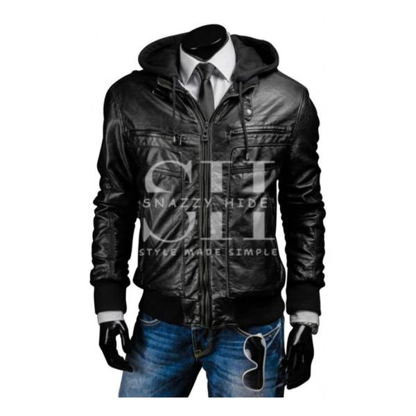 Mens Slim Fit Black Leather Jacket with Hood
