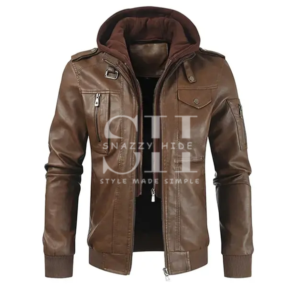 Brown Hooded Biker Jacket For Men