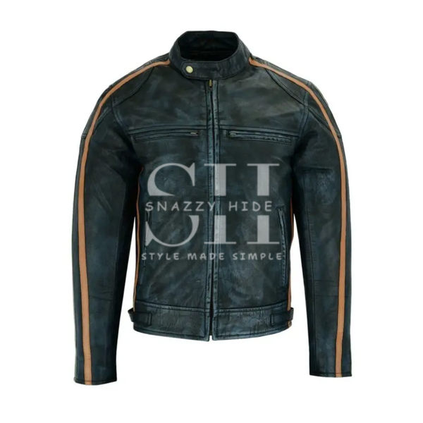 Charcoal Black Premium Cafe Racer Striped Leather Jacket