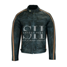 Charcoal Black Premium Cafe Racer Striped Leather Jacket