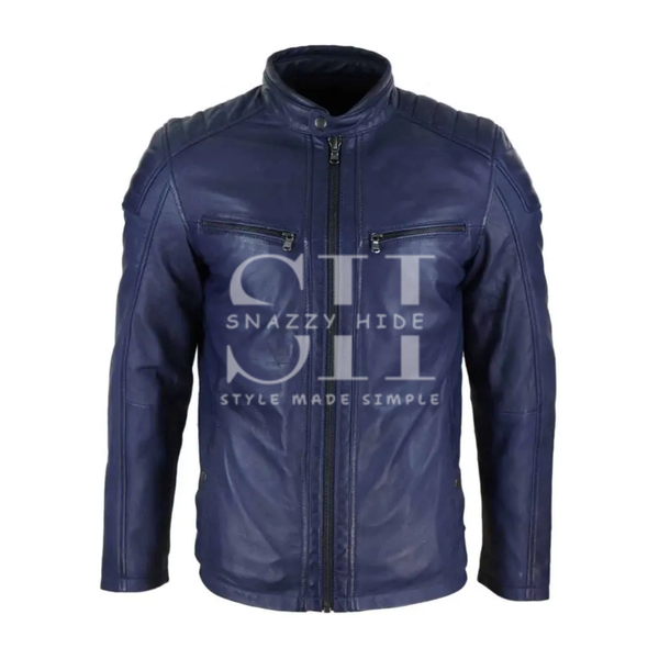 Blue Biker Style Genuine Leather Jacket