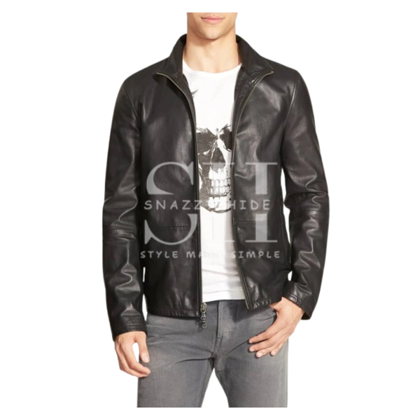 Zip Front Stylish Black Leather Jacket