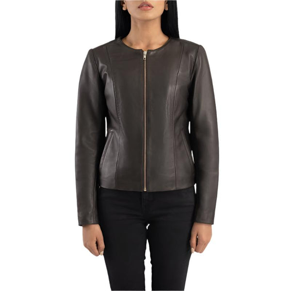 Women Elixir Collarless Brown Leather Jacket For Women